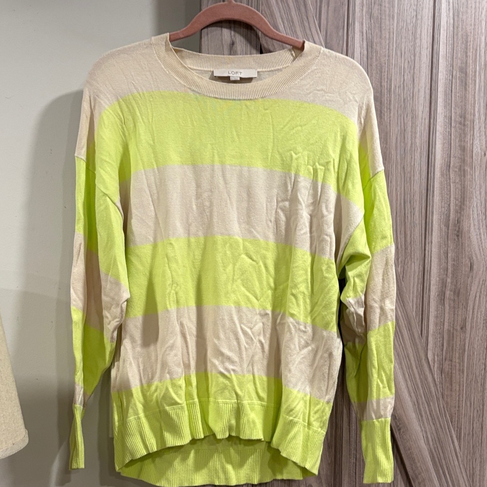 LOFT Lime and Cream Striped Sweater